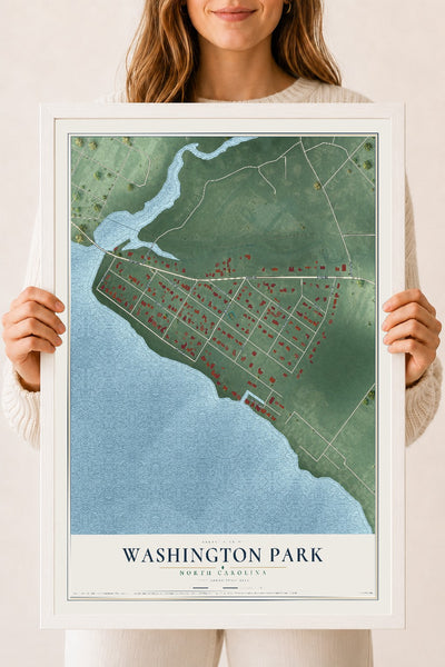 Map of Washington Park, North Carolina, 18 x 24 inch print in a white wood frame