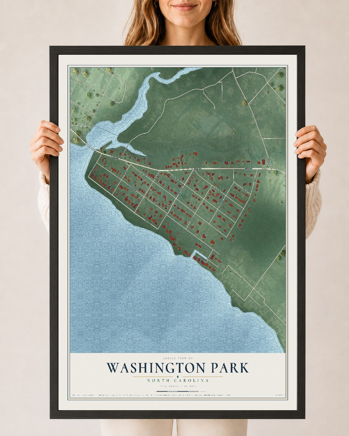 Map of Washington Park, North Carolina, 24 x 36 inch print in a black wood frame
