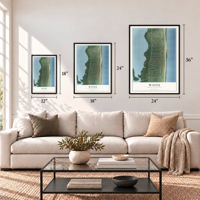 Waves, North Carolina map in 12 x 18, 18 x 24 and 24 x 36 inch sizes above a sofa