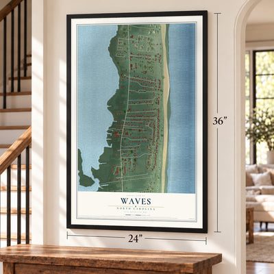 Waves, North Carolina map, 24 x 36 inch print in a black frame by a staircase