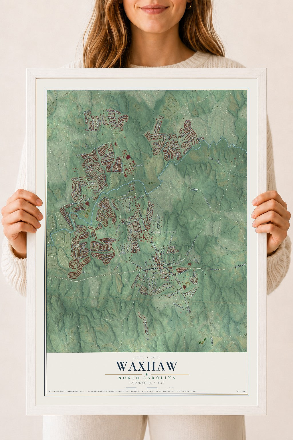 Map of Waxhaw, North Carolina, 18 x 24 inch print in a white wood frame
