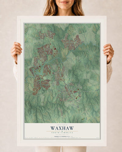 Map of Waxhaw, North Carolina, 24 x 36 inch print in a white wood frame