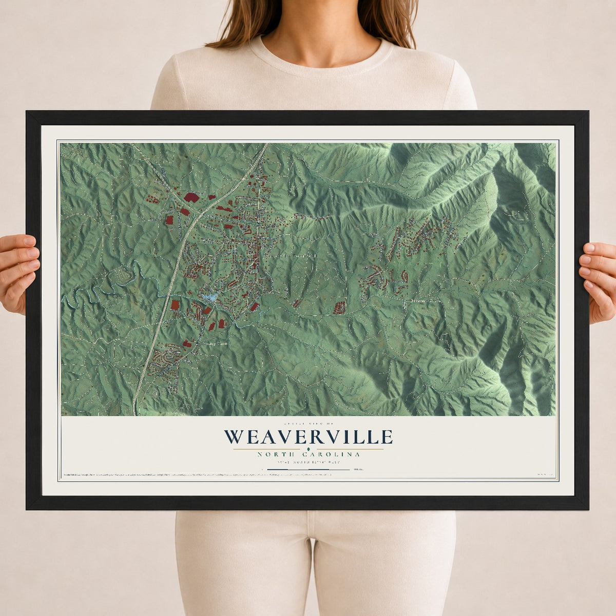 Map of Weaverville, North Carolina, 18 x 24 inch print in a black wood frame
