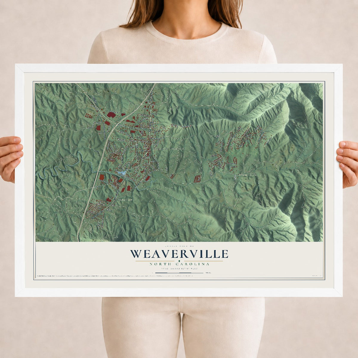 Map of Weaverville, North Carolina, 18 x 24 inch print in a white wood frame