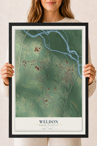 Map of Weldon, North Carolina, 18 x 24 inch print in a black wood frame