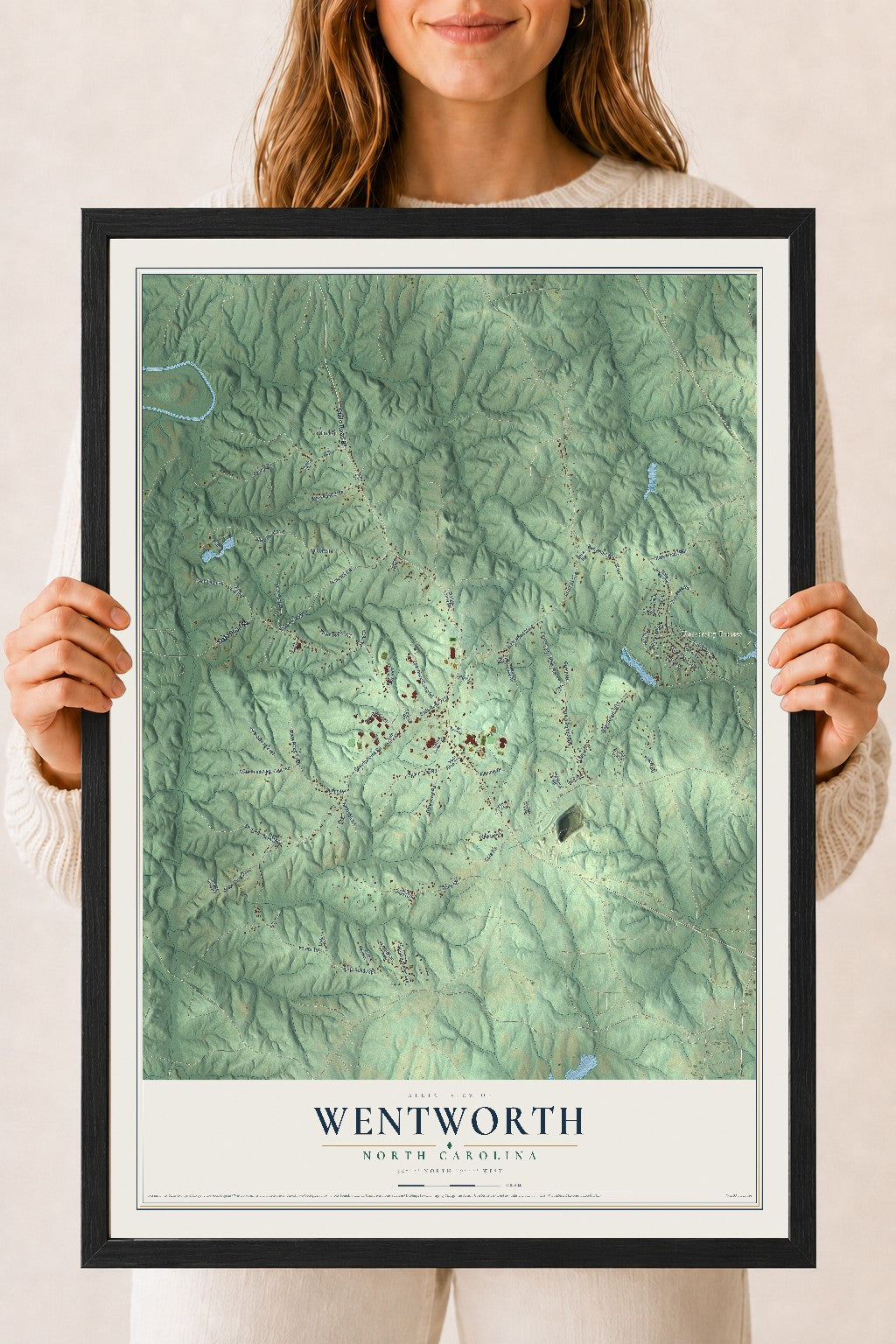 Map of Wentworth, North Carolina, 18 x 24 inch print in a black wood frame