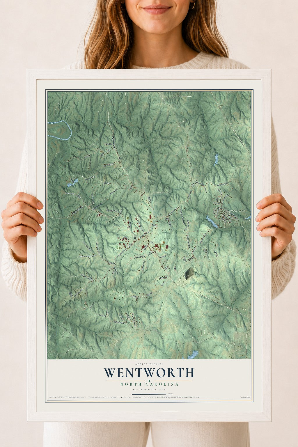 Map of Wentworth, North Carolina, 18 x 24 inch print in a white wood frame