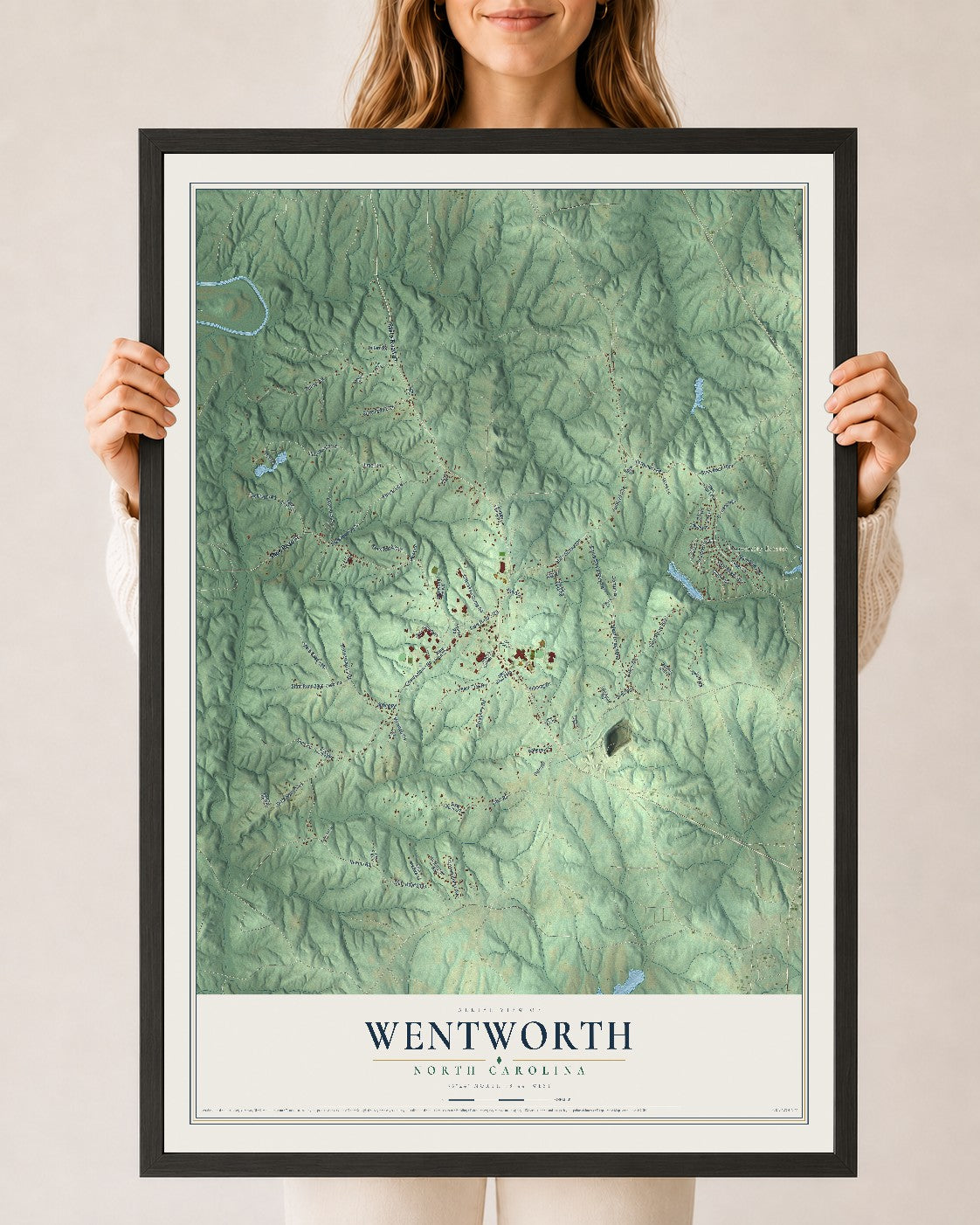 Map of Wentworth, North Carolina, 24 x 36 inch print in a black wood frame