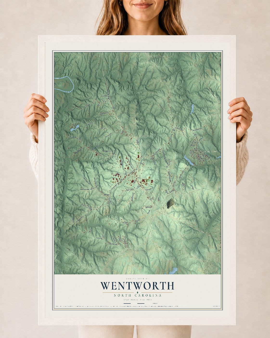 Map of Wentworth, North Carolina, 24 x 36 inch print in a white wood frame