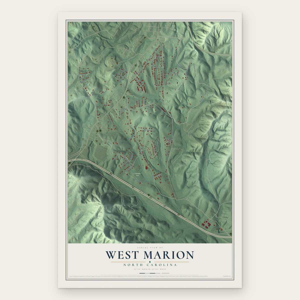 West Marion, North Carolina map print, the full design