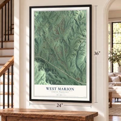 West Marion, North Carolina map, 24 x 36 inch print in a black frame by a staircase