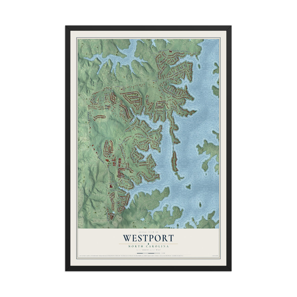 Map of Westport, North Carolina, 12 x 18 inch print in a black wood frame