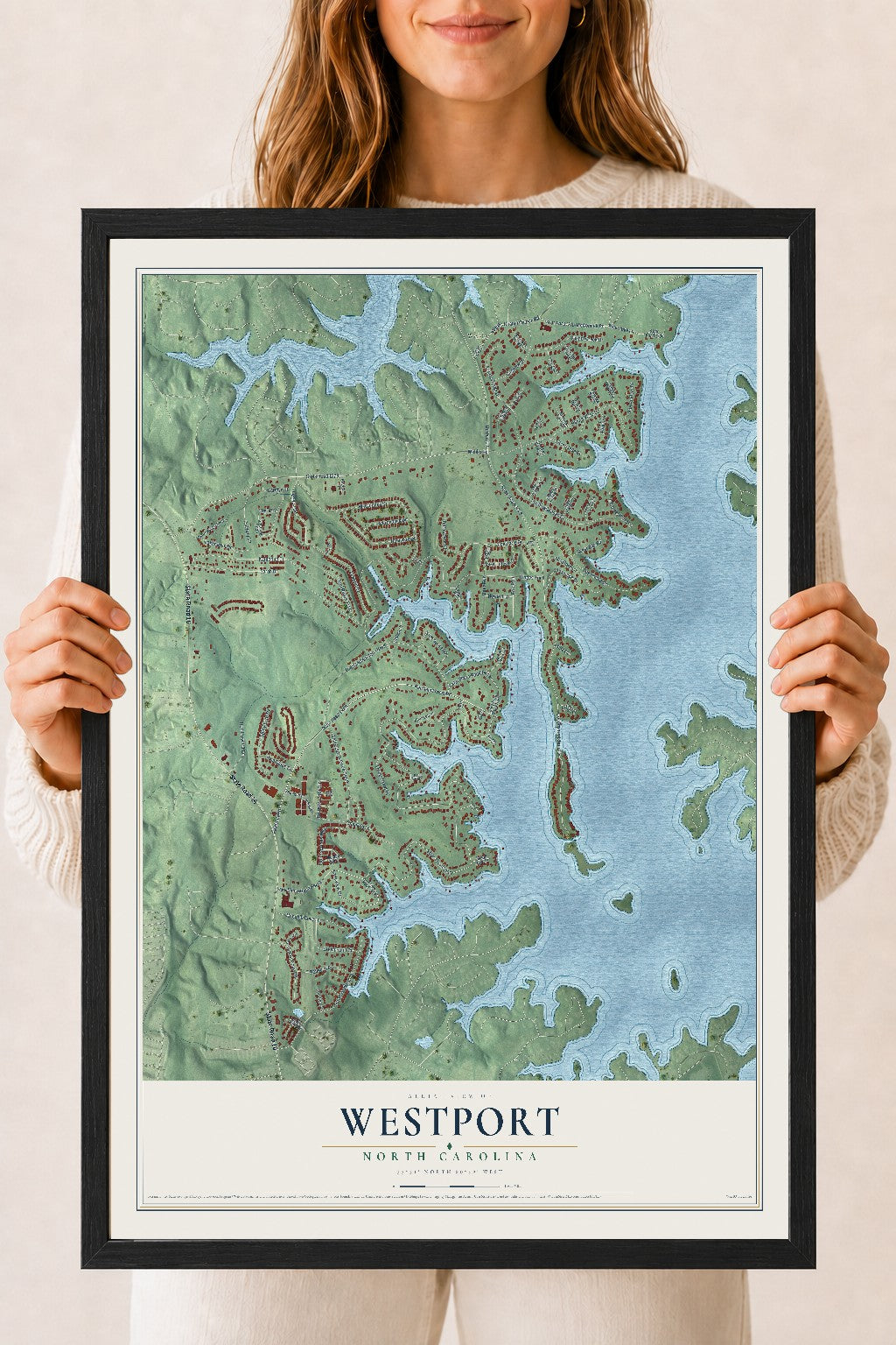 Map of Westport, North Carolina, 18 x 24 inch print in a black wood frame