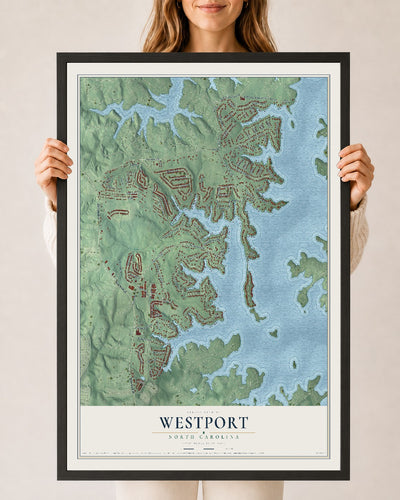 Map of Westport, North Carolina, 24 x 36 inch print in a black wood frame