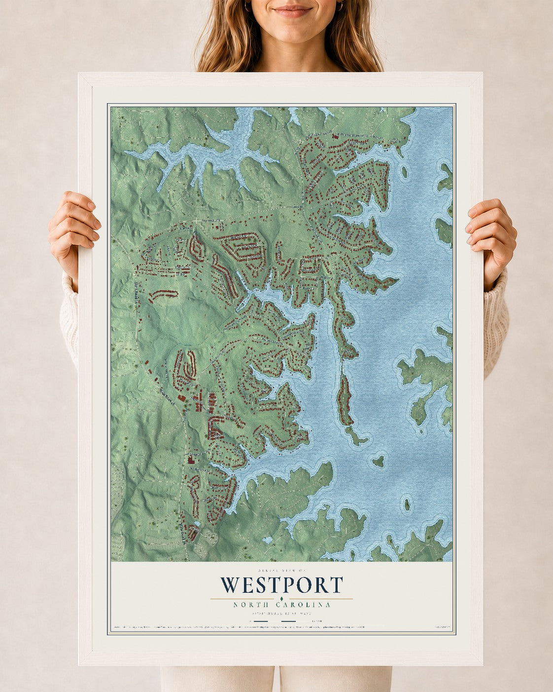 Map of Westport, North Carolina, 24 x 36 inch print in a white wood frame