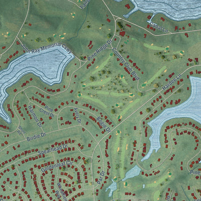 Close-up of the map of Whispering Pines, North Carolina print showing street and building detail