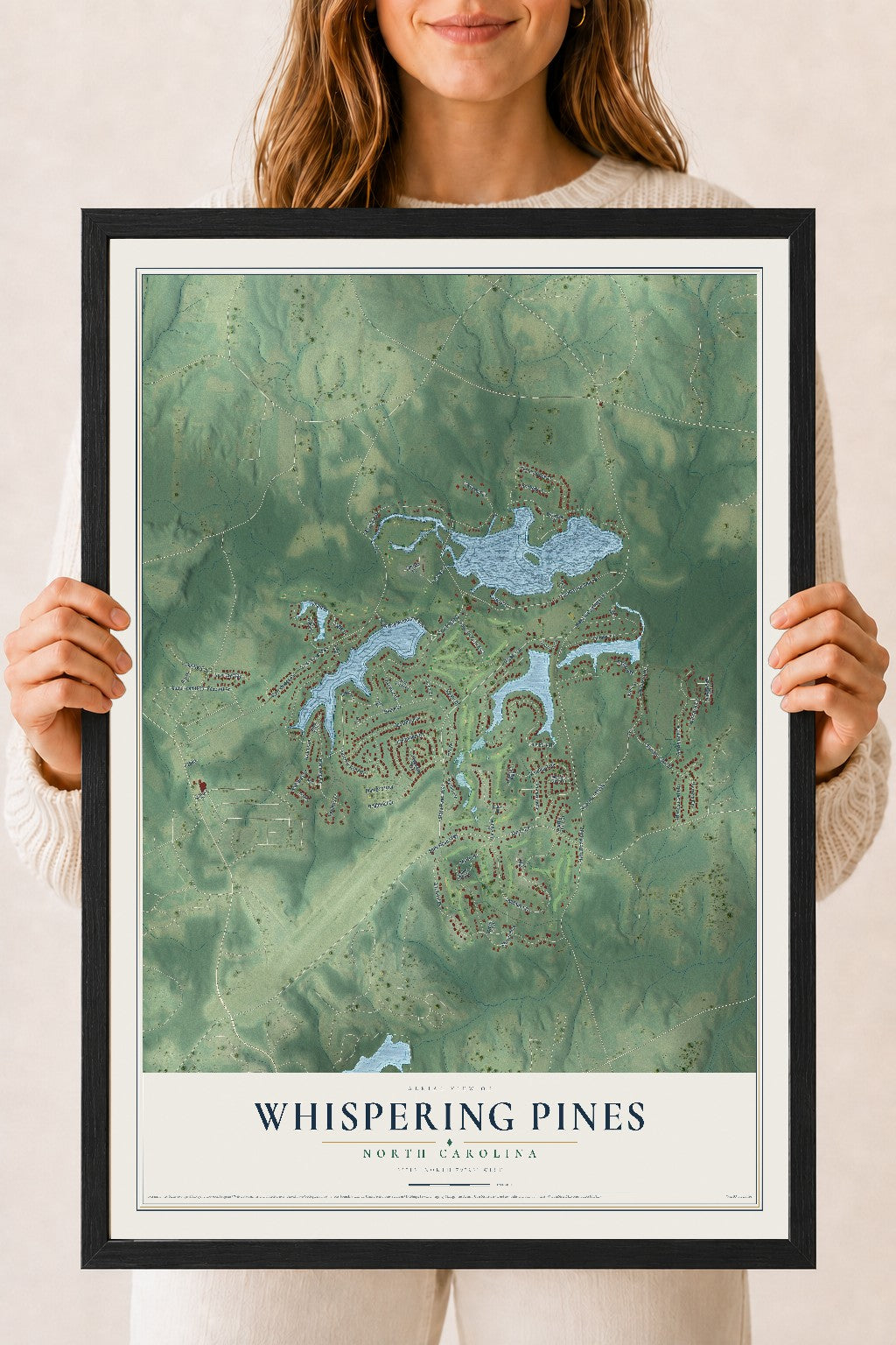 Map of Whispering Pines, North Carolina, 18 x 24 inch print in a black wood frame