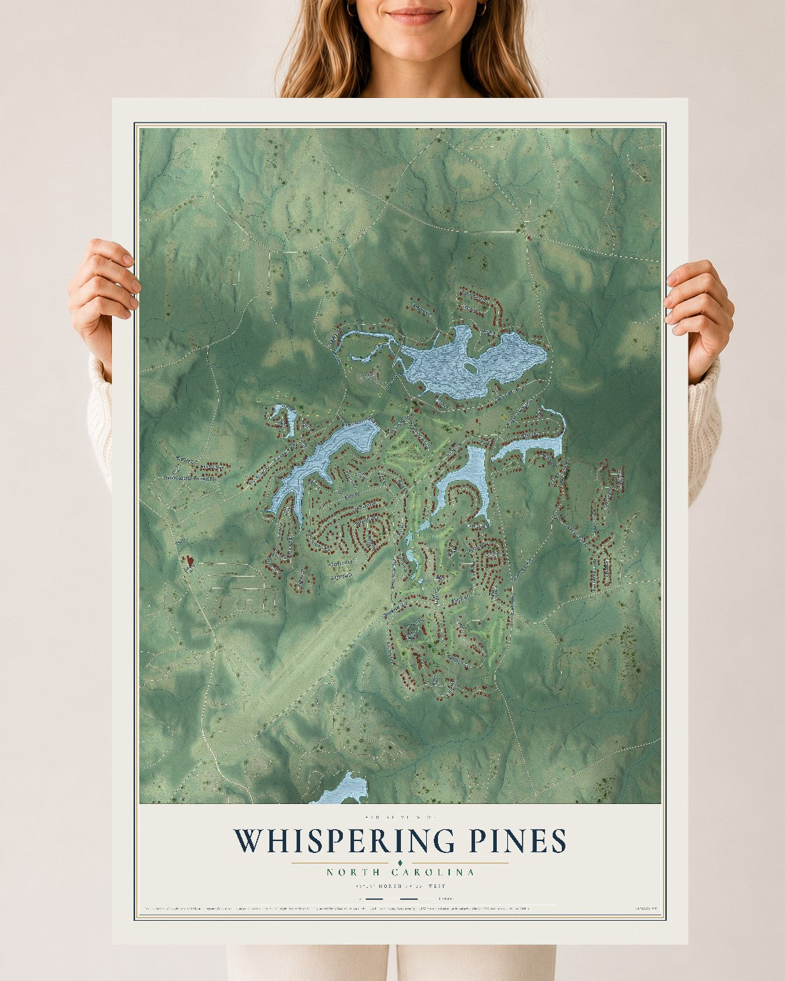 Map of Whispering Pines, North Carolina, 24 x 36 inch unframed archival matte print