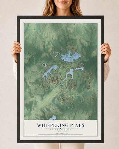 Map of Whispering Pines, North Carolina, 24 x 36 inch print in a black wood frame