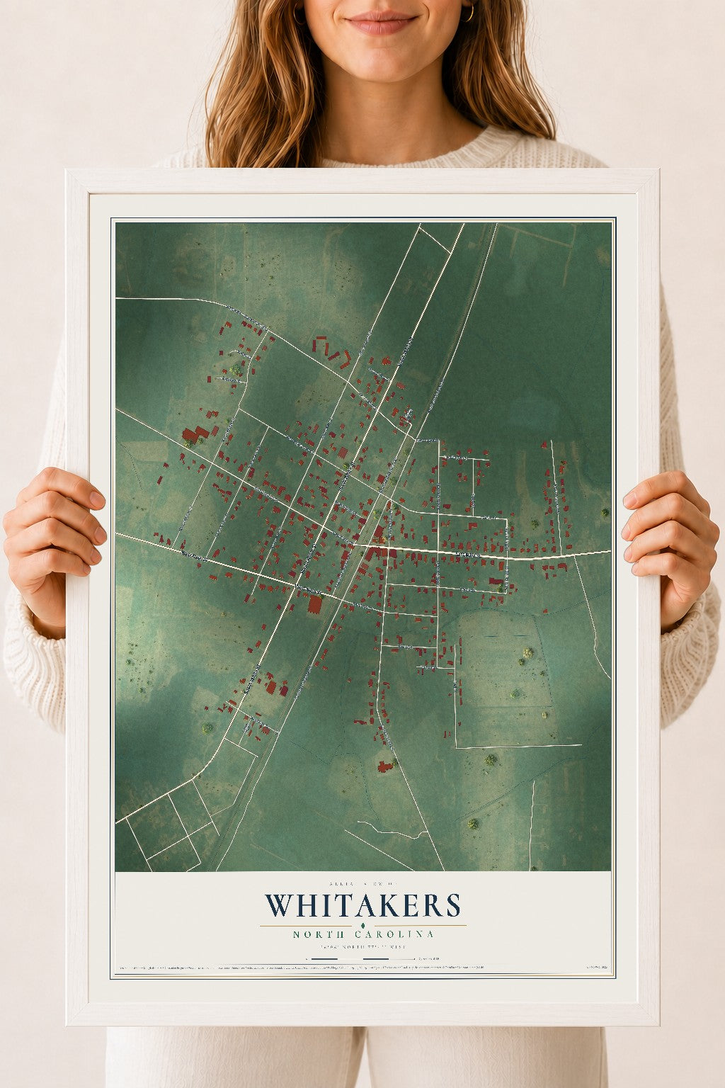 Map of Whitakers, North Carolina, 18 x 24 inch print in a white wood frame