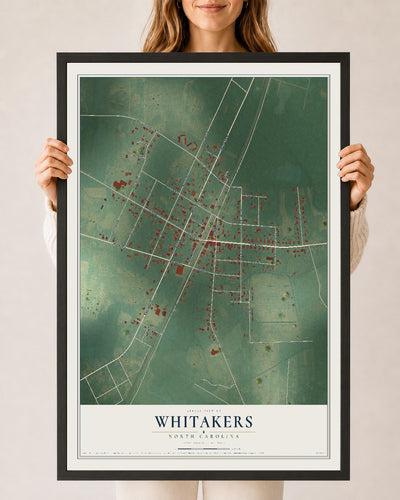 Map of Whitakers, North Carolina, 24 x 36 inch print in a black wood frame