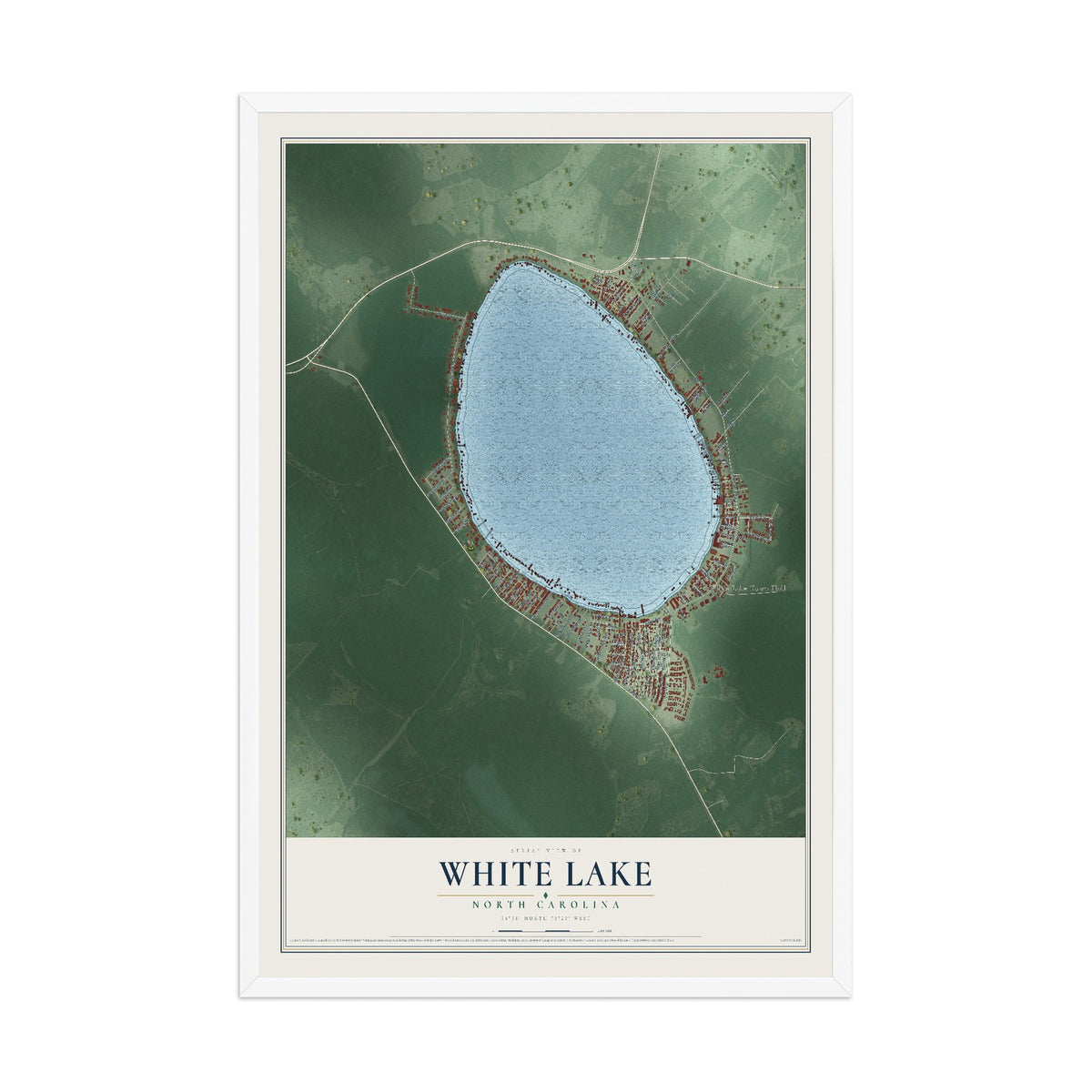 Map of White Lake, North Carolina, 12 x 18 inch print in a white wood frame