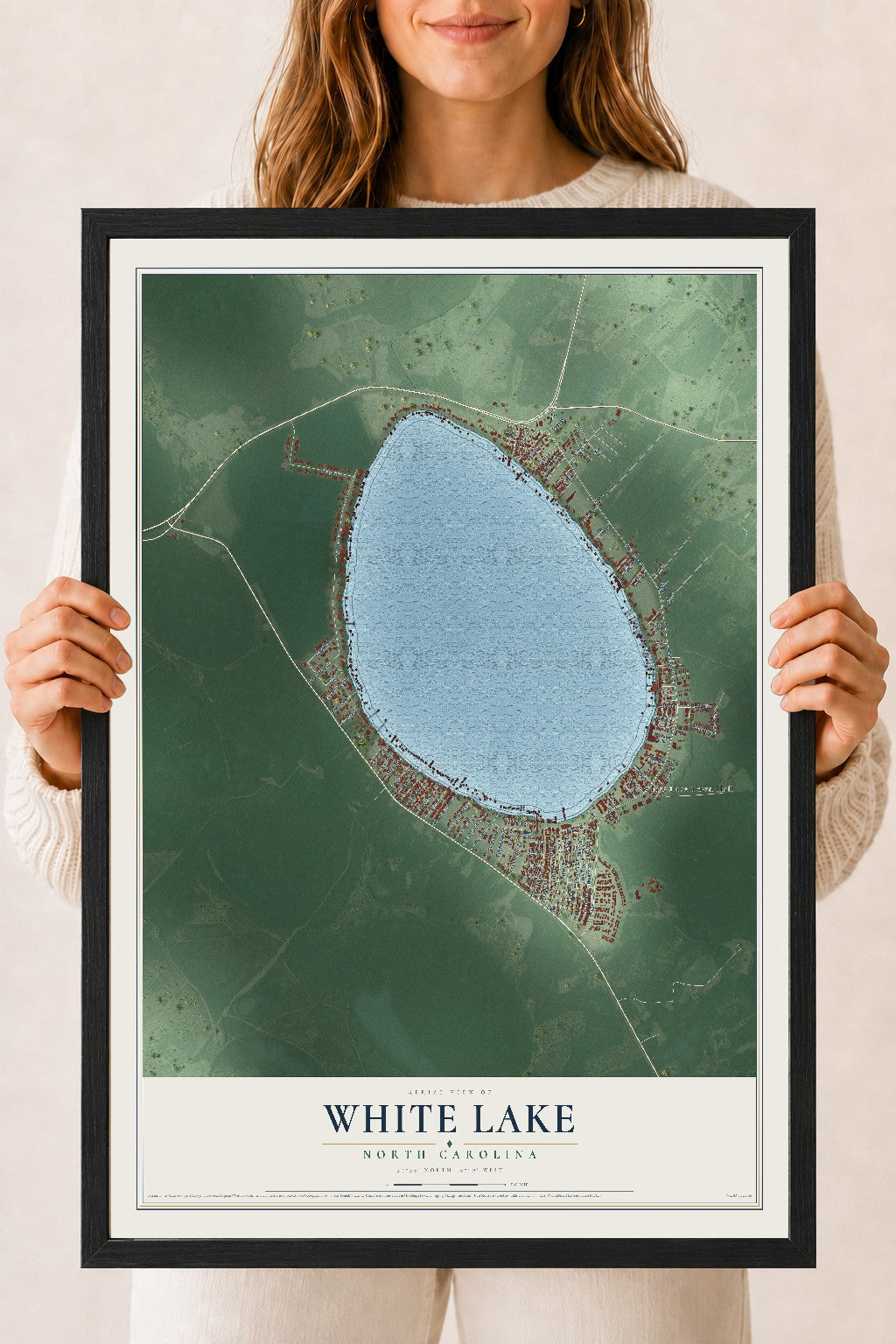 Map of White Lake, North Carolina, 18 x 24 inch print in a black wood frame
