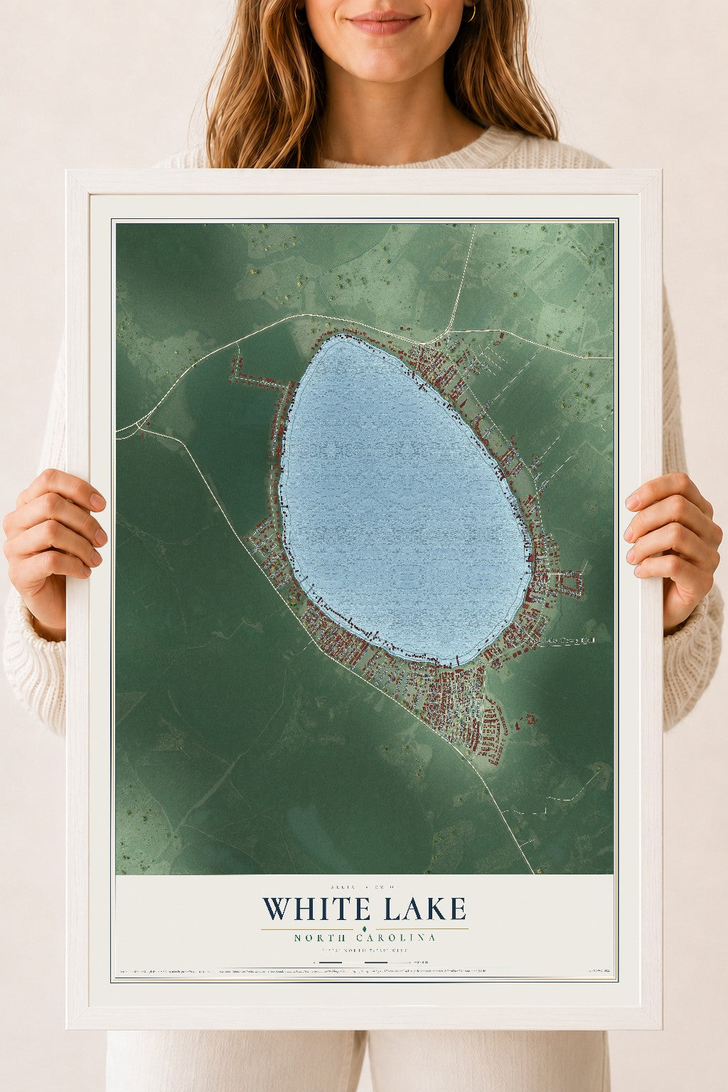 Map of White Lake, North Carolina, 18 x 24 inch print in a white wood frame