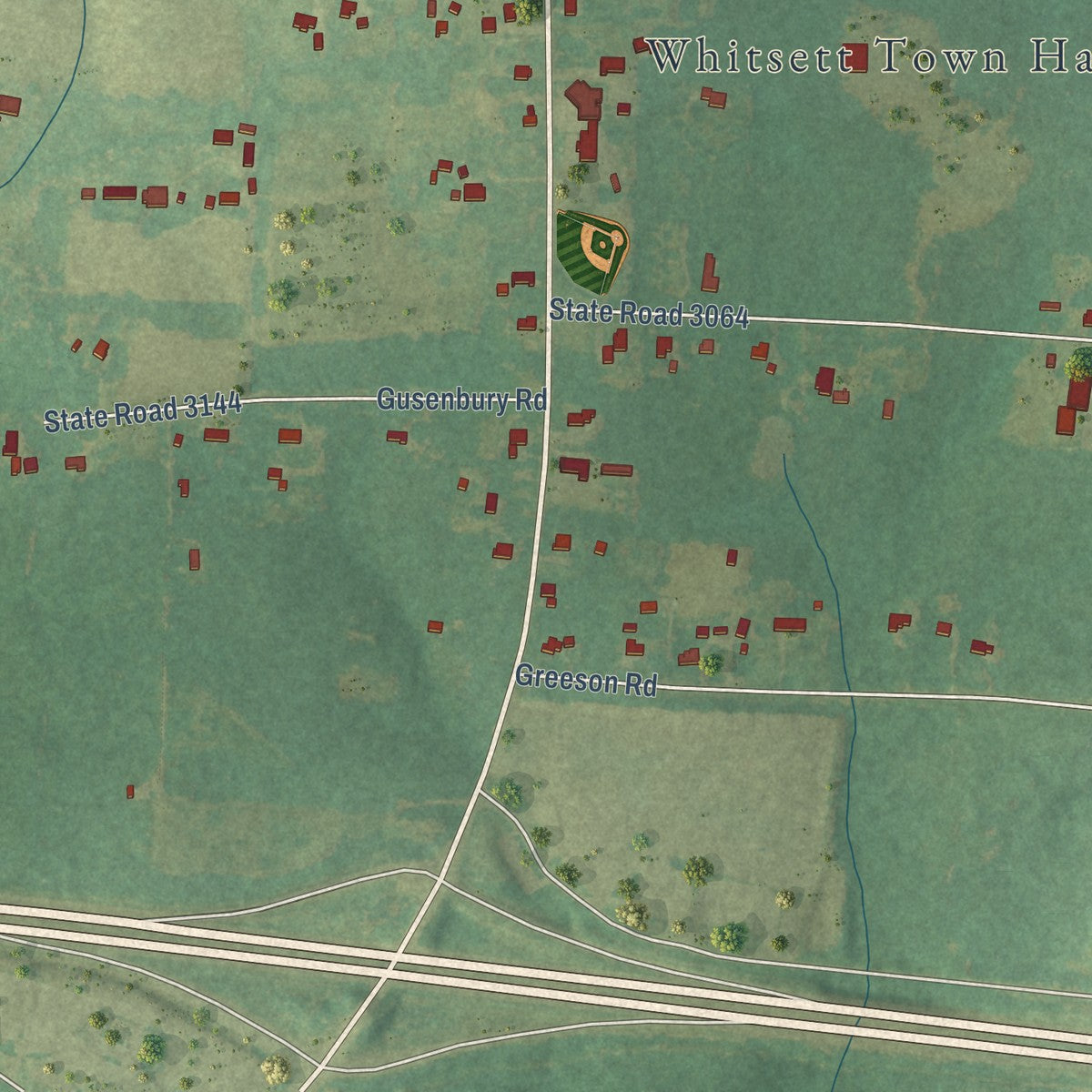 Close-up of the map of Whitsett, North Carolina print showing street and building detail