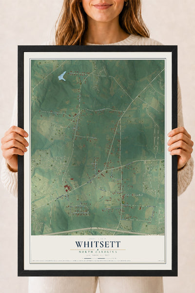 Map of Whitsett, North Carolina, 18 x 24 inch print in a black wood frame