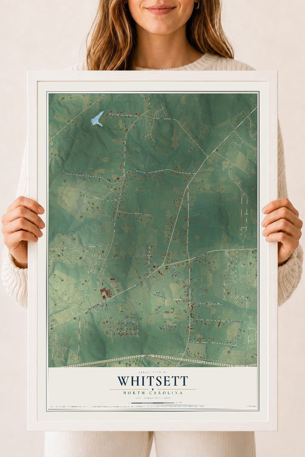 Map of Whitsett, North Carolina, 18 x 24 inch print in a white wood frame