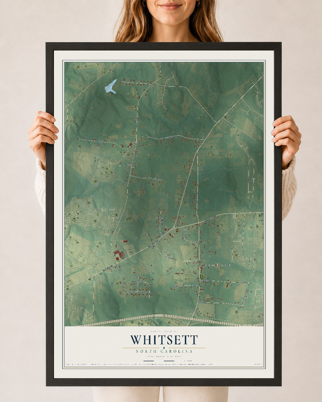 Map of Whitsett, North Carolina, 24 x 36 inch print in a black wood frame