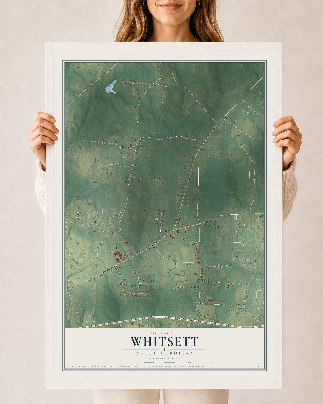 Map of Whitsett, North Carolina, 24 x 36 inch print in a white wood frame