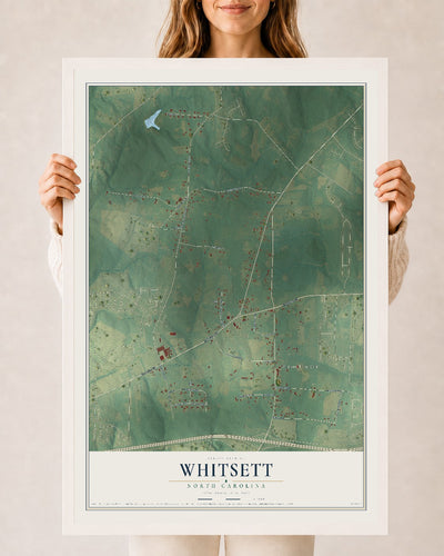 Map of Whitsett, North Carolina, 24 x 36 inch print in a white wood frame