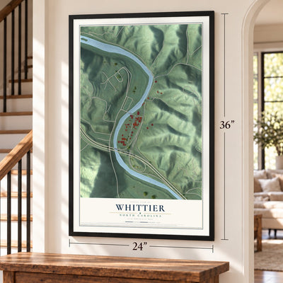 Whittier, North Carolina map, 24 x 36 inch print in a black frame by a staircase