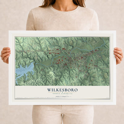 Map of Wilkesboro, North Carolina, 12 x 18 inch print in a white wood frame