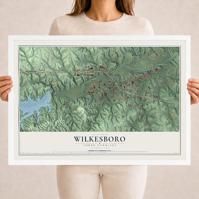 Map of Wilkesboro, North Carolina, 18 x 24 inch print in a white wood frame
