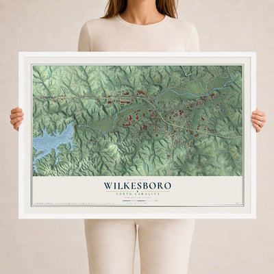 Map of Wilkesboro, North Carolina, 24 x 36 inch print in a white wood frame