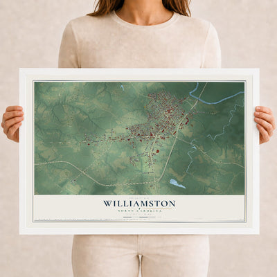 Map of Williamston, North Carolina, 12 x 18 inch print in a white wood frame