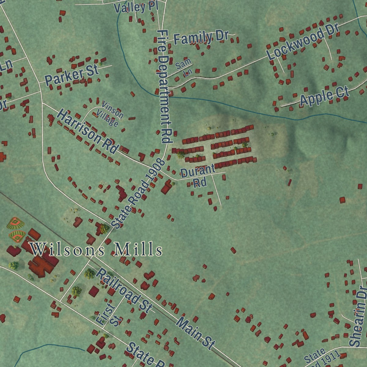 Close-up of the map of Wilson's Mills, North Carolina print showing street and building detail
