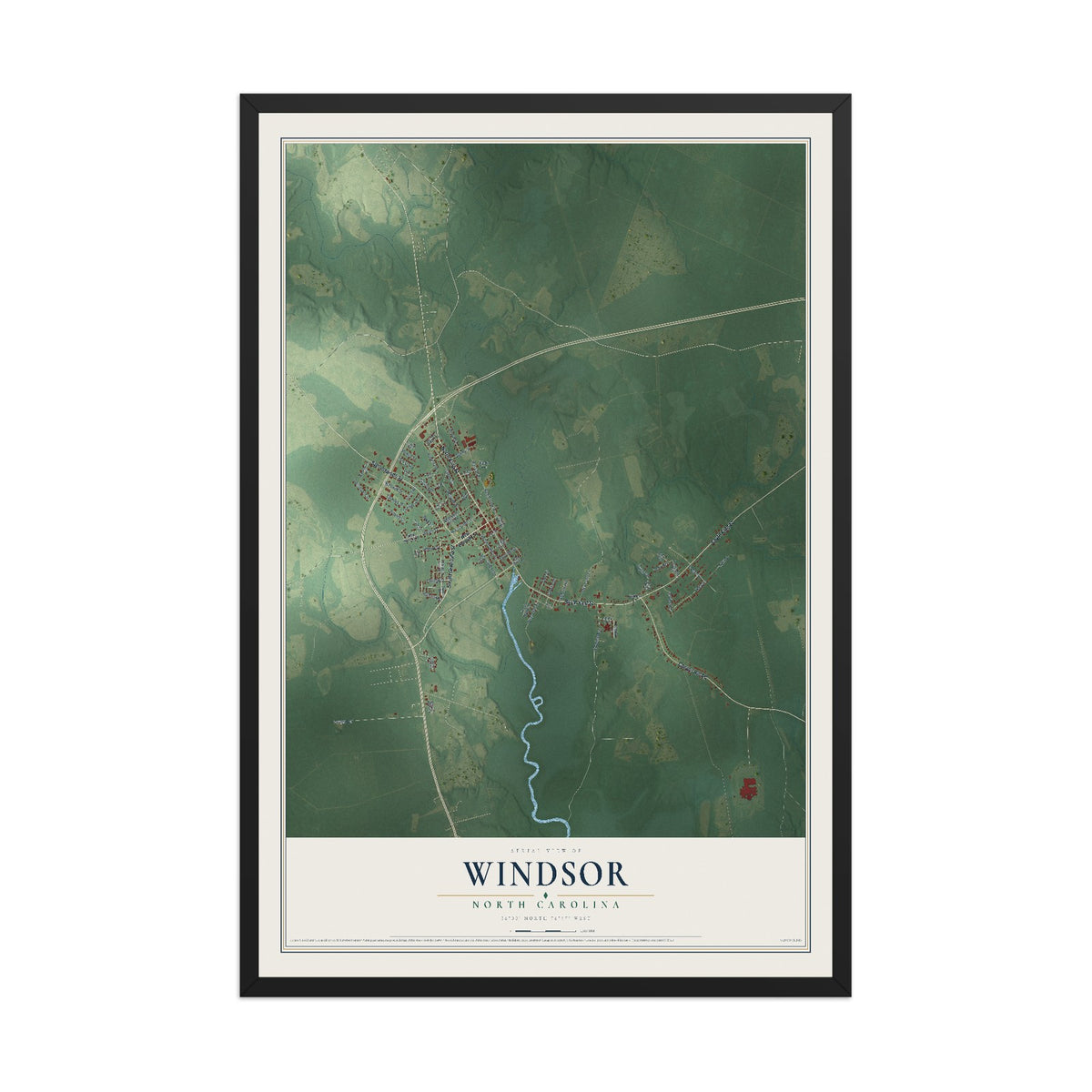 Map of Windsor, North Carolina, 12 x 18 inch print in a black wood frame