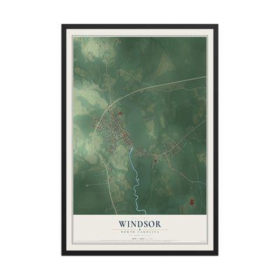 Map of Windsor, North Carolina, 12 x 18 inch print in a black wood frame