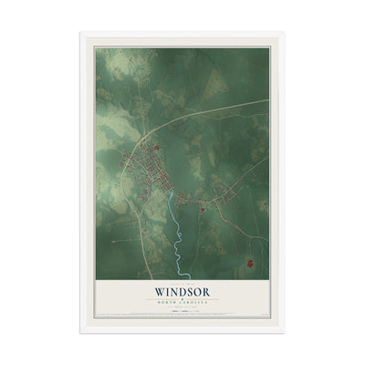Map of Windsor, North Carolina, 12 x 18 inch print in a white wood frame