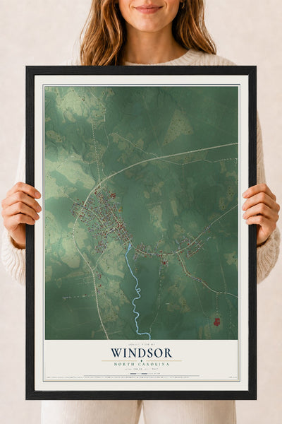 Map of Windsor, North Carolina, 18 x 24 inch print in a black wood frame