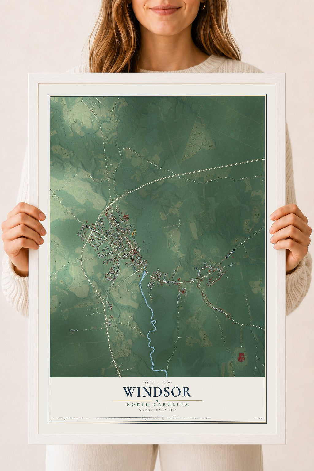 Map of Windsor, North Carolina, 18 x 24 inch print in a white wood frame