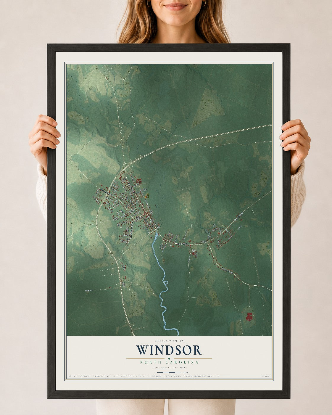 Map of Windsor, North Carolina, 24 x 36 inch print in a black wood frame