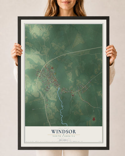 Map of Windsor, North Carolina, 24 x 36 inch print in a black wood frame