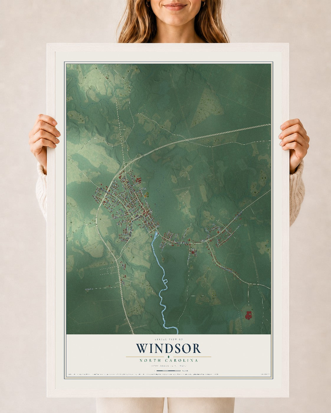 Map of Windsor, North Carolina, 24 x 36 inch print in a white wood frame