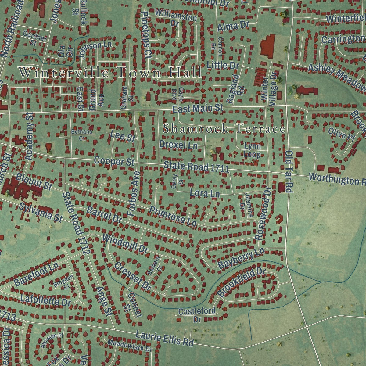 Close-up of the map of Winterville, North Carolina print showing street and building detail