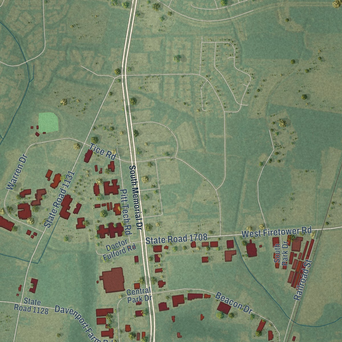 Second close-up of the map of Winterville, North Carolina print showing more streets and buildings